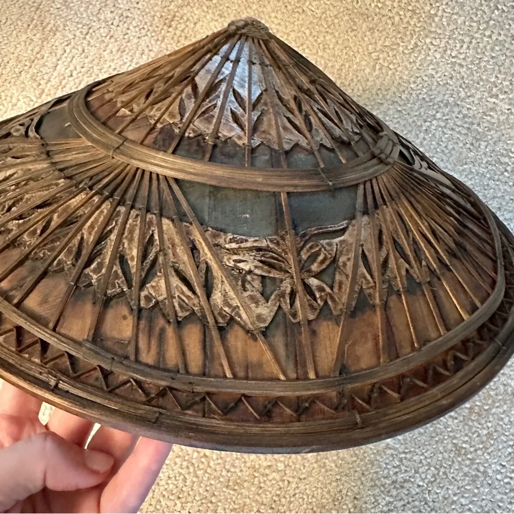 Antique Asian Conical Hat Non La Woven Bamboo Carved Wood Decorative‎ Art